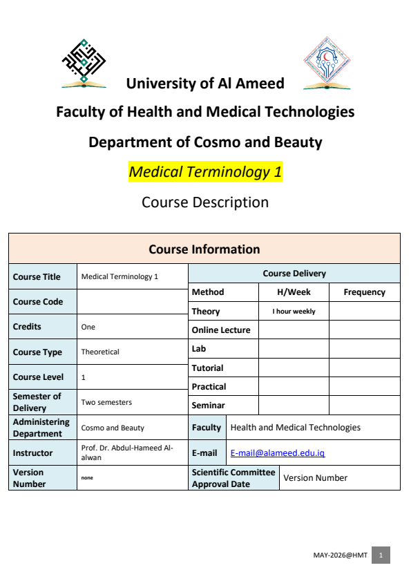 Course Descrption for Medical Terminolgy